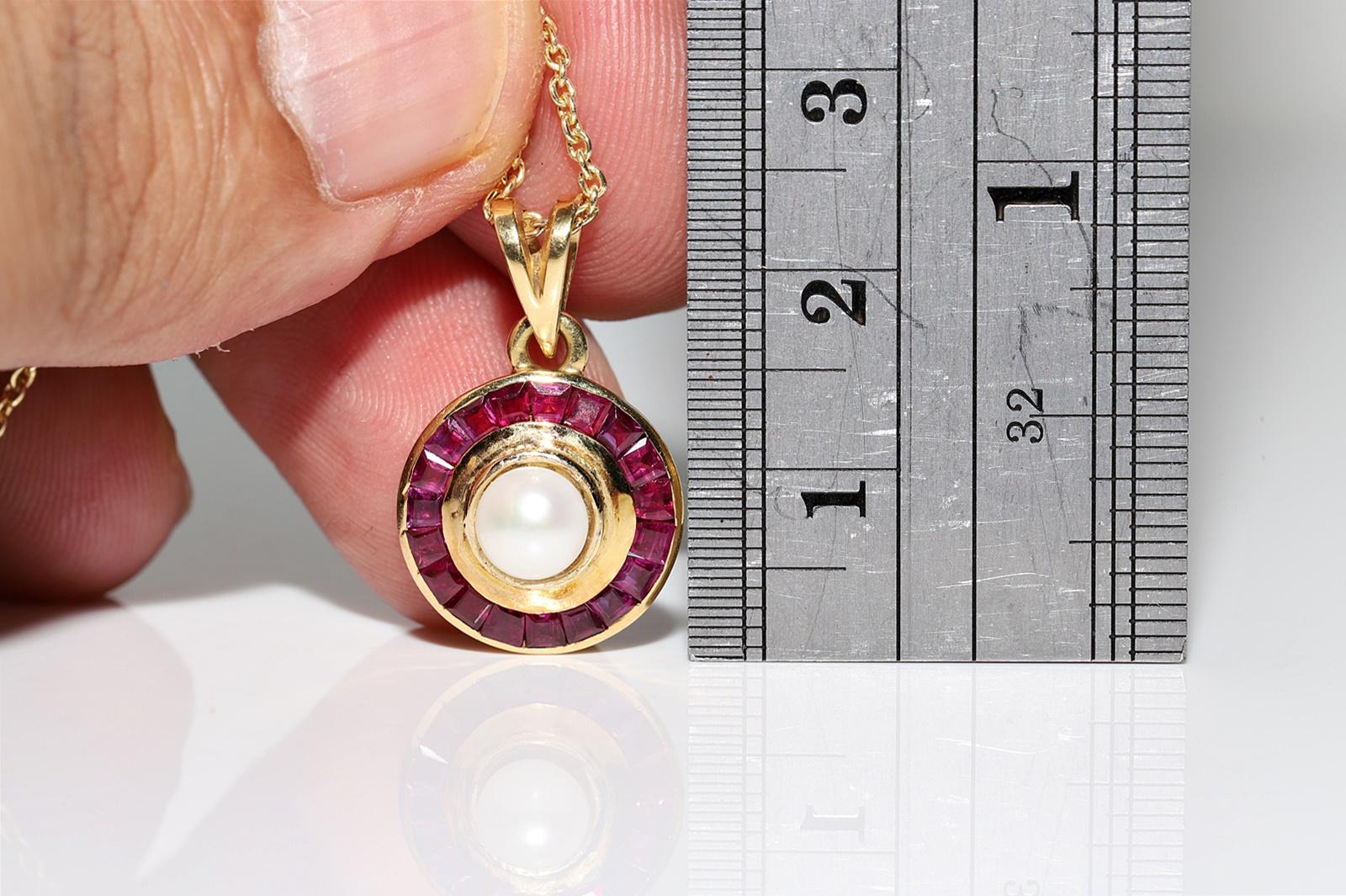 Halskette mit Anhänger, Vintage, ca. 1980er Jahre, 18 Karat Gold, Rubin im natürlichen Kaliberschliff und Perle im Angebot 6
