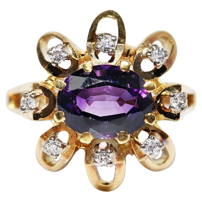 Anello decorato con diamanti naturali e ametista in oro 18 carati, vintage, circa anni
80