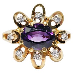 Anello decorato con diamanti naturali e ametista in oro 18 carati, vintage, circa anni
80