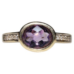 Vintage Circa 1980s 18k Gold Natural Diamond And Amethyst Decorated Ring