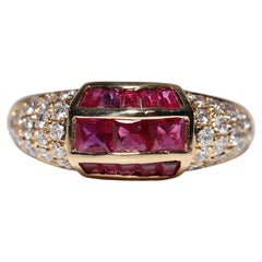 Bague vintage des années 1980, en or 18 carats, diamant naturel et rubis taille baguette