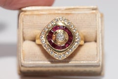 Vintage Circa 1980s 18k Gold Natural Diamond And Baguette Cut Ruby Navette Ring