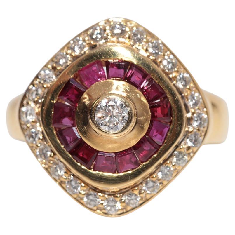 Vintage Circa 1980s 18k Gold Natural Diamond And Baguette Cut Ruby Navette Ring