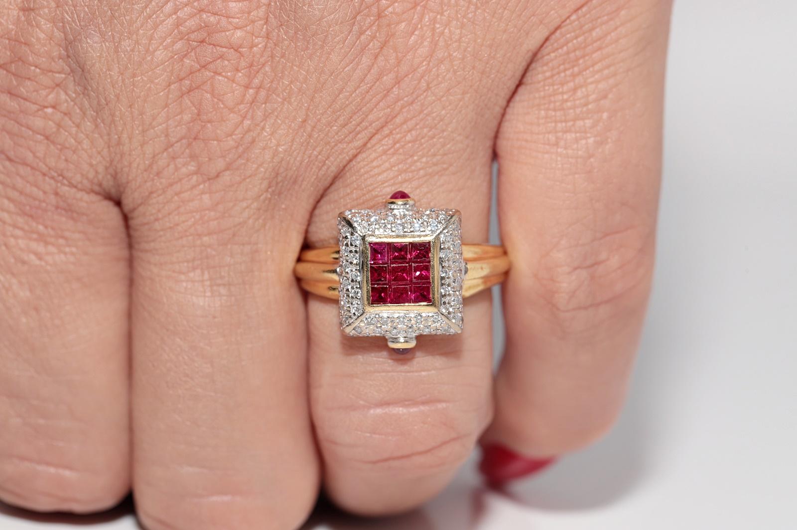 Artisan Vintage Circa 1980s 18k Gold Natural Diamond And Baguette Cut Ruby Ring For Sale