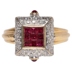 Vintage Circa 1980s 18k Gold Natural Diamond And Baguette Cut Ruby Ring