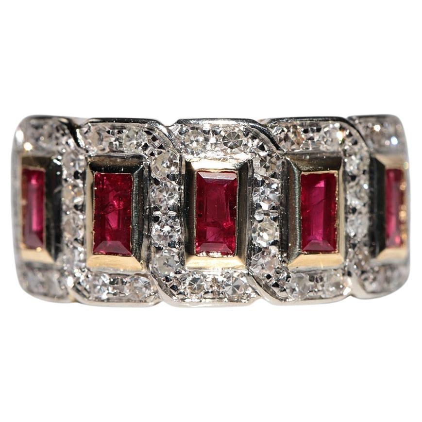 Bague vintage des années 1980 en or 18 carats, diamant naturel et rubis taille baguette