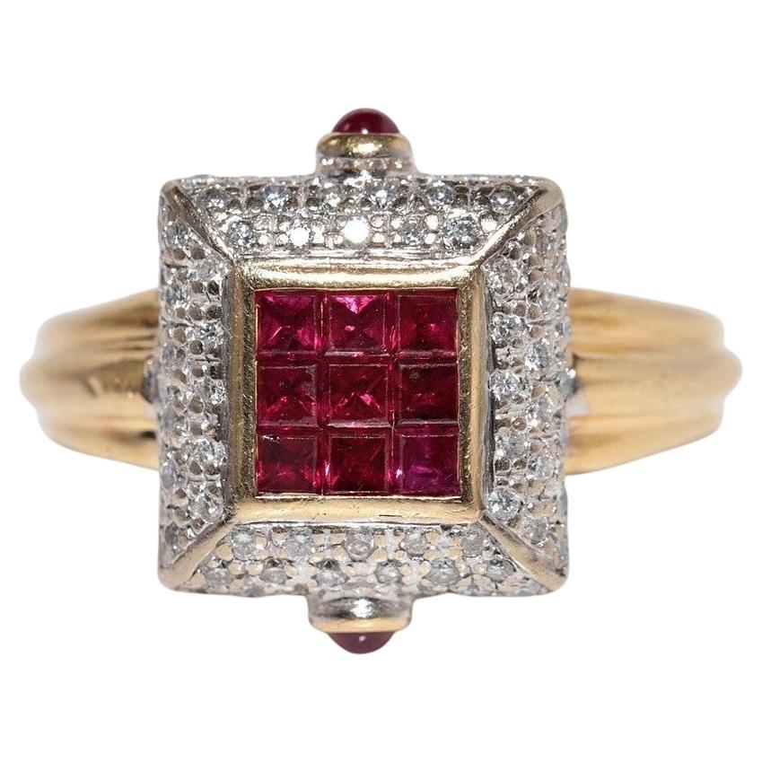 Vintage Circa 1980s 18k Gold Natural Diamond And Baguette Cut Ruby Ring For Sale