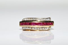 Vintage Circa 1980s 18k Gold Natural Diamond And Baguette Cut Ruby Tank Ring