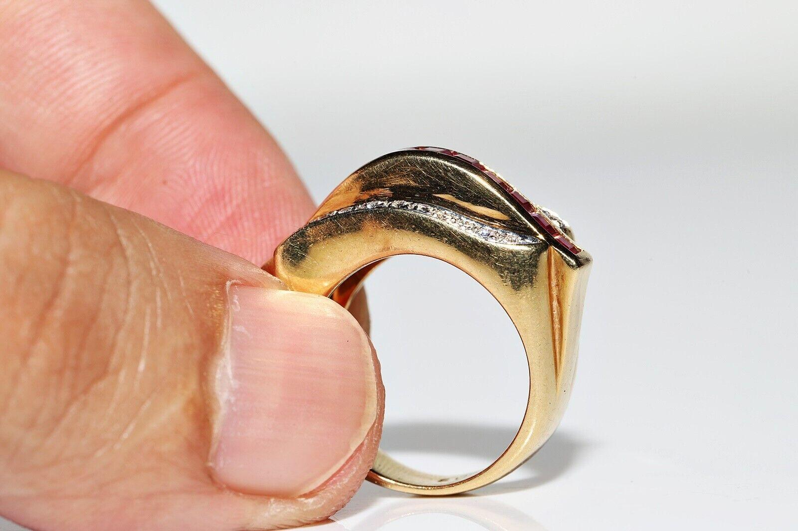 Vintage Circa 1980s 18k Gold Natural Diamond And Baguette Cut Ruby Tank Ring For Sale 1