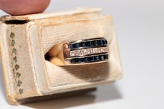 Vintage Circa 1980s 18k Gold Natural Diamond And Baguette Cut Sapphire Ring