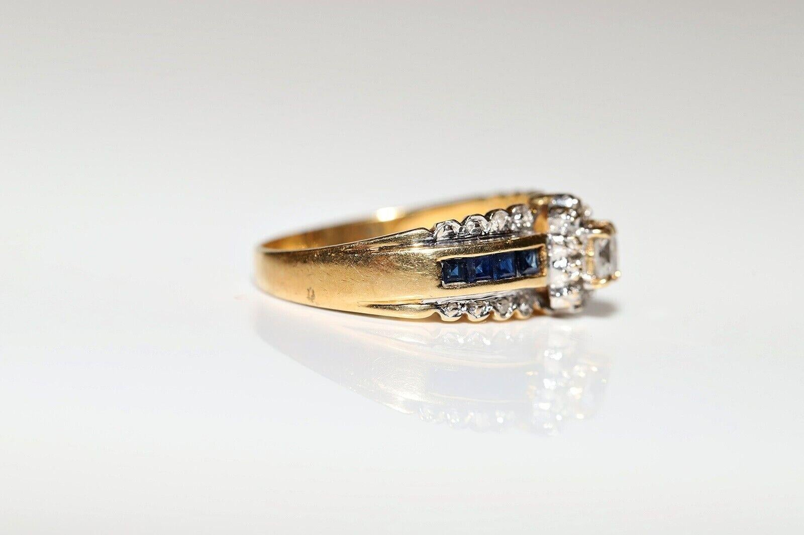 Brilliant Cut Vintage Circa 1980s 18k Gold Natural Diamond And Baguette Cut Sapphire Ring For Sale