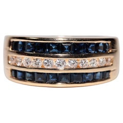 Bague vintage des années 1980 en or 18 carats, diamant naturel et saphir taille baguette