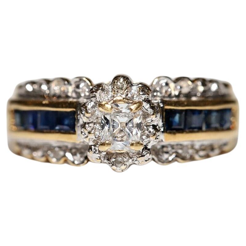 Bague vintage des années 1980 en or 18 carats, diamant naturel et saphir taille baguette