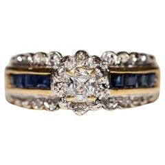Bague vintage des années 1980 en or 18 carats, diamant naturel et saphir taille baguette