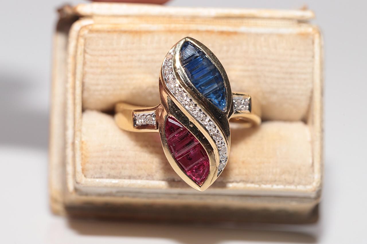 In very good condition.
Total weight is 6.9 grams.
Totally is diamond 0.20 ct.
The diamond is has H-I color and s1-s2 clarity.
Totally is Sapphire and Ruby 60 ct.
Ring size is US 7
We can make any size.
Please contact for any questions.