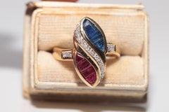 Vintage Circa 1980s 18k Gold Natural Diamond And Baguette Sapphire And Ruby Ring