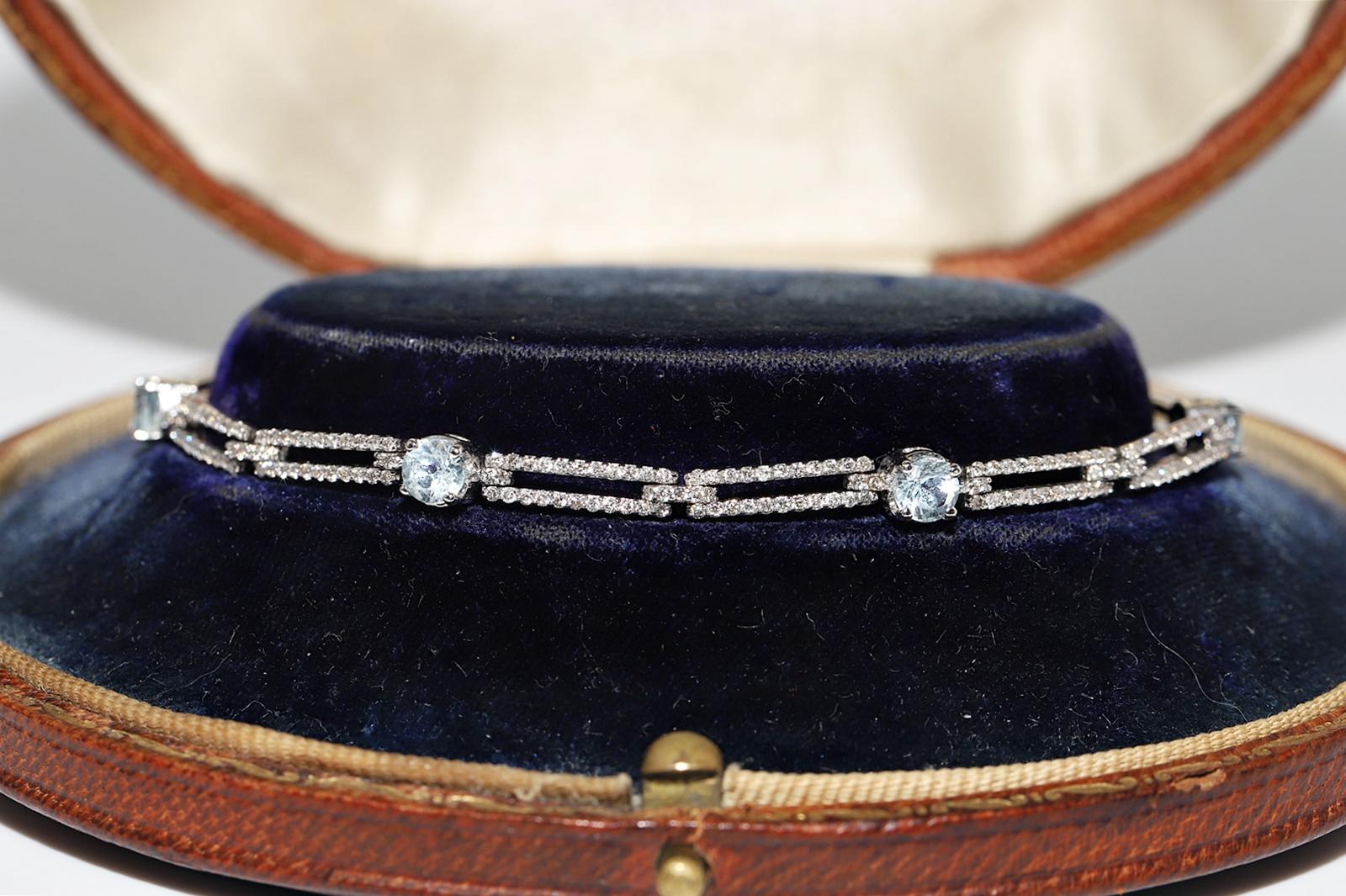 Rétro Vintage Circa 1980 Or 18k Diamant Naturel et Topaze Bleue Bracelet Tennis en vente