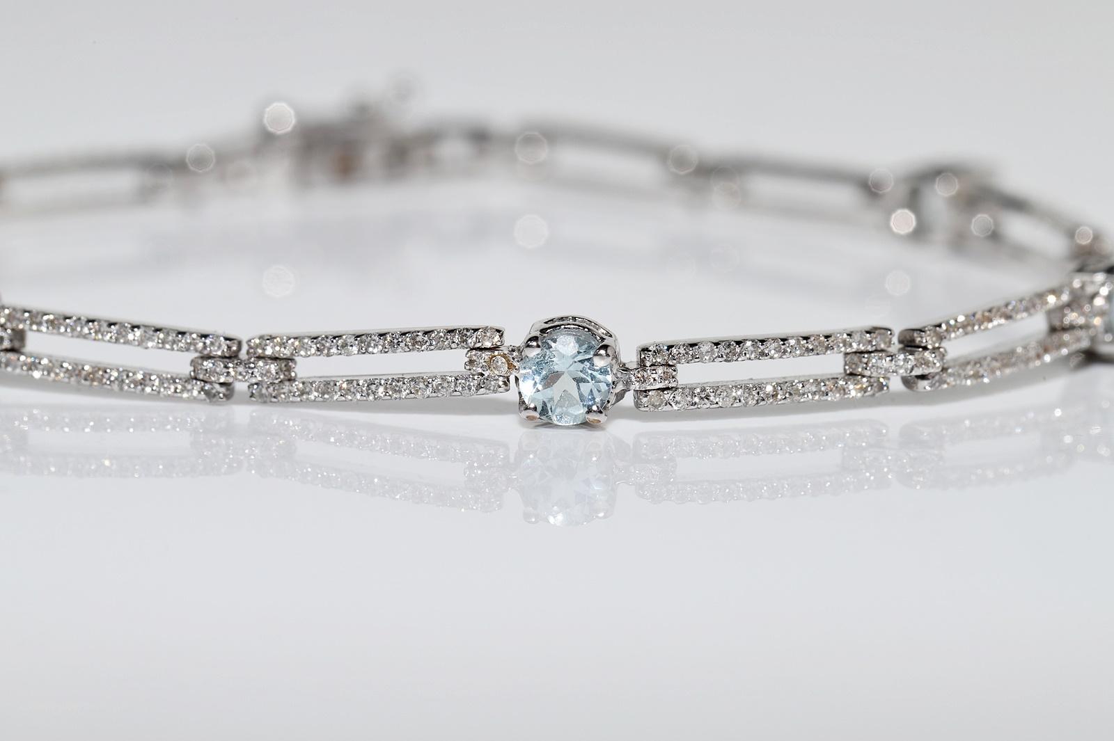 Vintage Circa 1980 Or 18k Diamant Naturel et Topaze Bleue Bracelet Tennis en vente 1