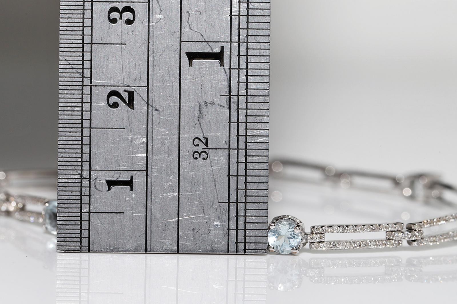 Vintage Circa 1980 Or 18k Diamant Naturel et Topaze Bleue Bracelet Tennis en vente 2