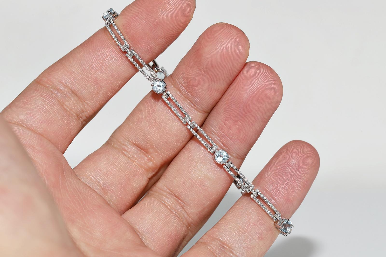 Vintage Circa 1980 Or 18k Diamant Naturel et Topaze Bleue Bracelet Tennis en vente 3