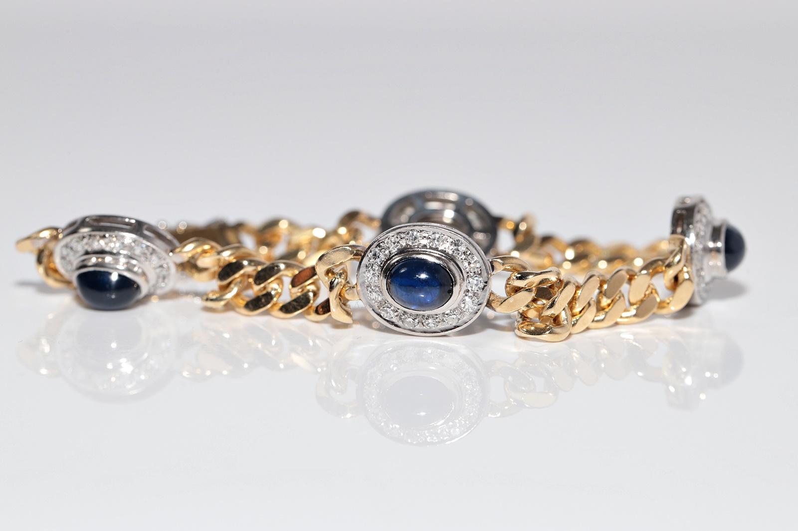 Vintage Circa 1980s 18k Gold Natural Diamond And Cabochon Cut Sapphire Bracelet For Sale 6