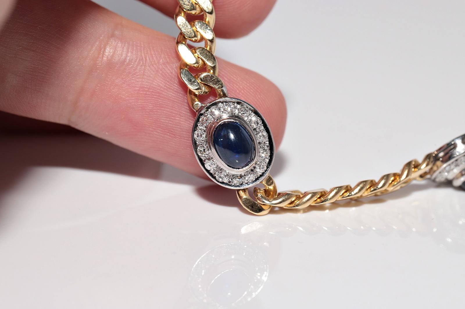 Vintage Circa 1980s 18k Gold Natural Diamond And Cabochon Cut Sapphire Bracelet For Sale 12