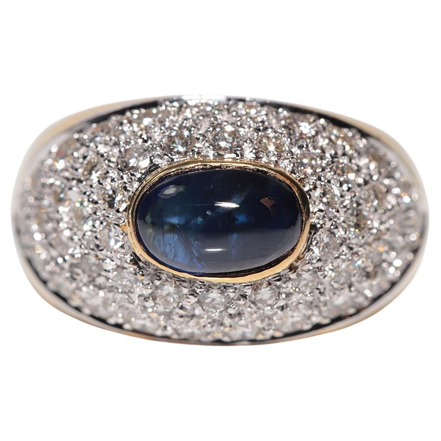 Vintage Circa 1980s 18k Gold Natural Diamond And Cabochon Cut Sapphire Ring