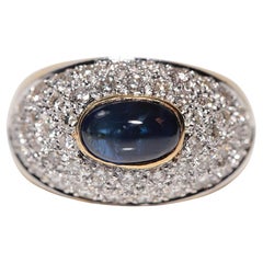 Vintage Circa 1980s 18k Gold Natural Diamond And Cabochon Cut Sapphire Ring