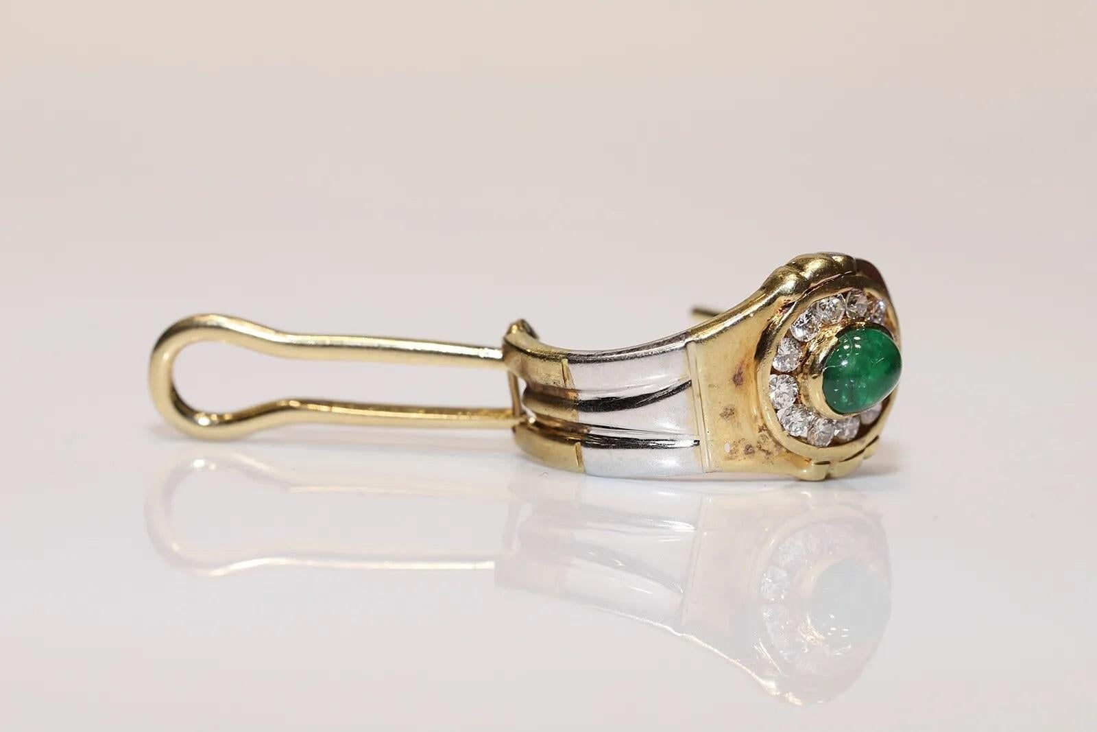 Vintage Circa 1980s 18k Gold Natural Diamond And Cabochon Emerald Earring For Sale 6