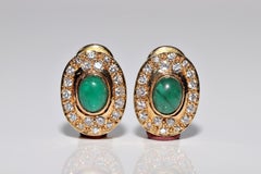 Vintage Circa 1980s 18k Gold Natural Diamond And Cabochon Emerald Earring