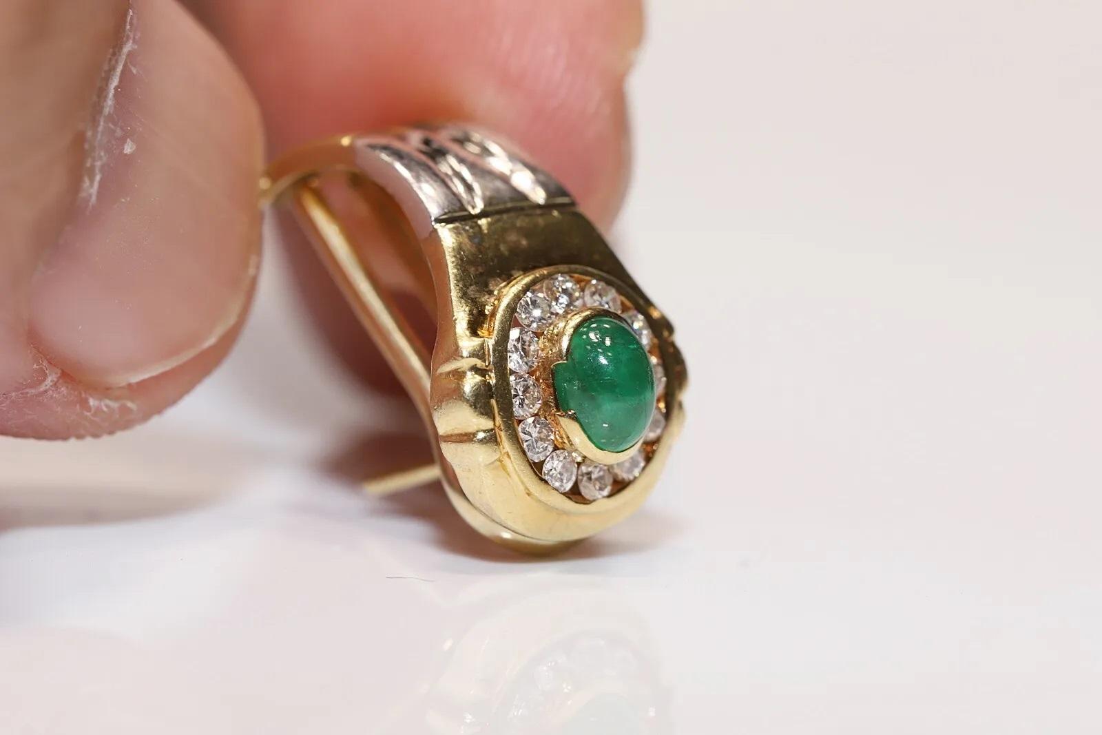 Women's Vintage Circa 1980s 18k Gold Natural Diamond And Cabochon Emerald Earring For Sale