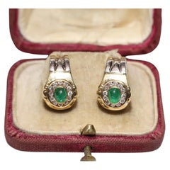 Retro Circa 1980s 18k Gold Natural Diamond And Cabochon Emerald Earring