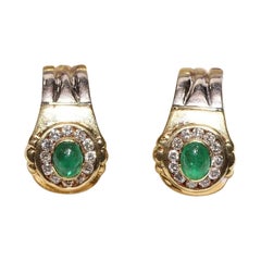 Vintage Circa 1980s 18k Gold Natural Diamond And Cabochon Emerald Earring