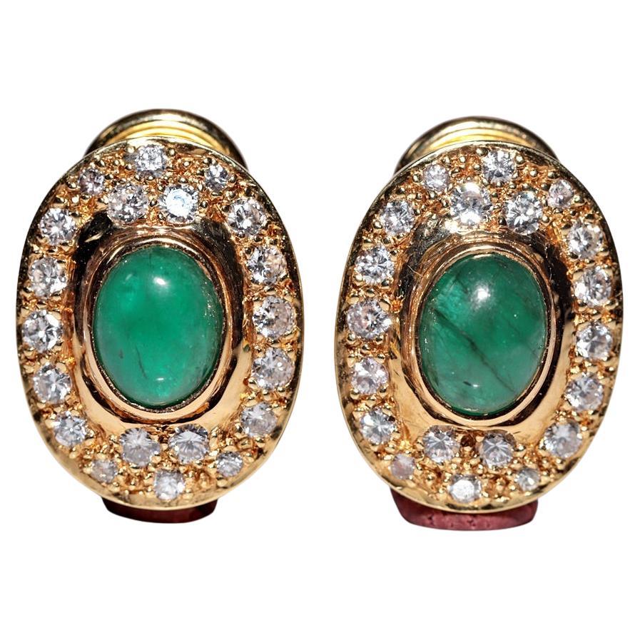 Boucles d'oreilles vintage des années 1980 en or 18 carats avec diamants naturels et émeraudes cabochons