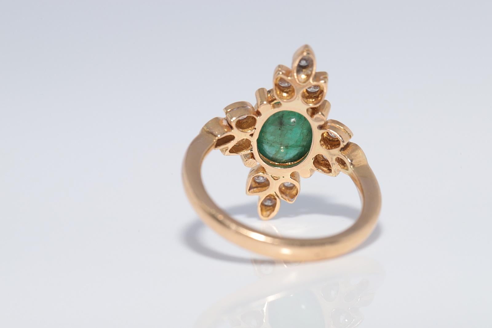 Vintage Circa 1980s 18k Gold Natural Diamond And Cabochon Emerald Navette Ring For Sale 1