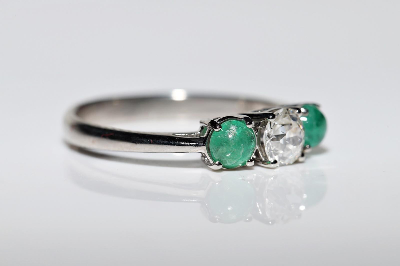 Old Mine Cut Vintage Circa 1980s 18k Gold Natural Diamond And Cabochon Emerald Ring  For Sale