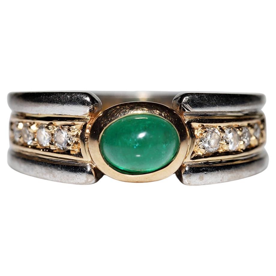 Vintage Circa 1980s 18k Gold Natural Diamond And Cabochon Emerald Ring