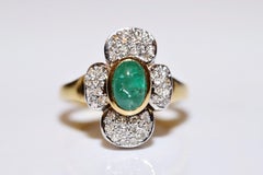 Vintage Circa 1980s 18k Gold Natural Diamond And Cabochon Emerald Strong Ring