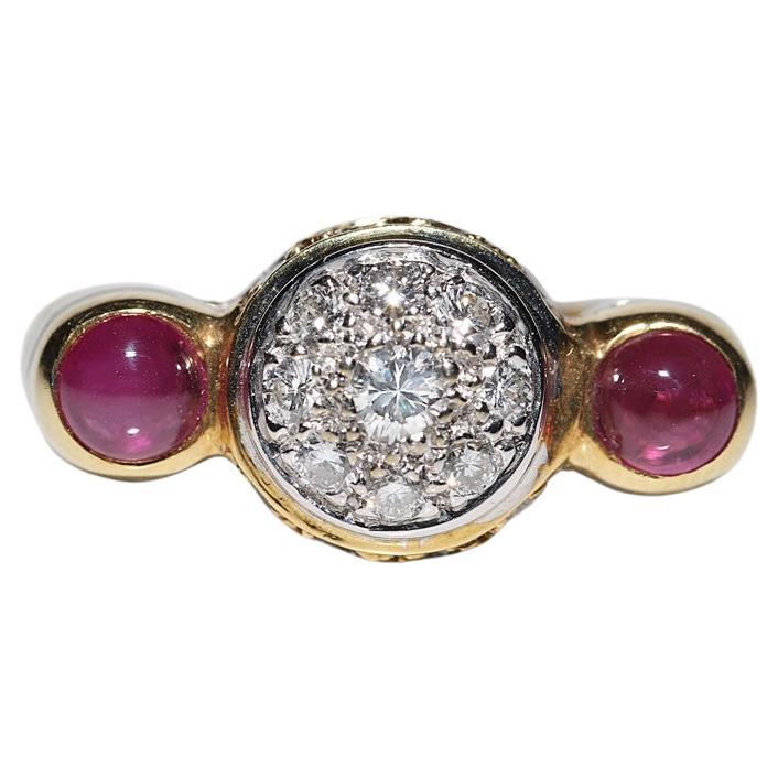 Vintage Circa 1980s 18k Gold Natural Diamond And Cabochon Ruby Decorated Ring