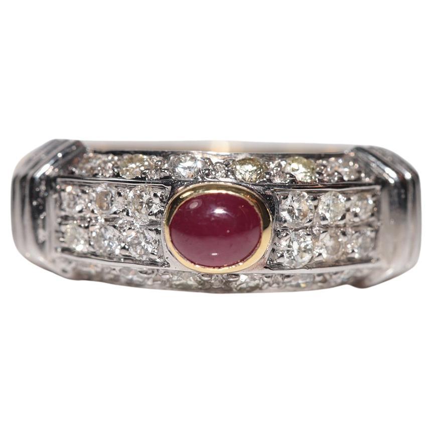 Vintage Circa 1980s 18k Gold Natural Diamond And Cabochon Ruby Decorated Ring