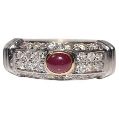 Vintage Circa 1980s 18k Gold Natural Diamond And Cabochon Ruby Decorated Ring