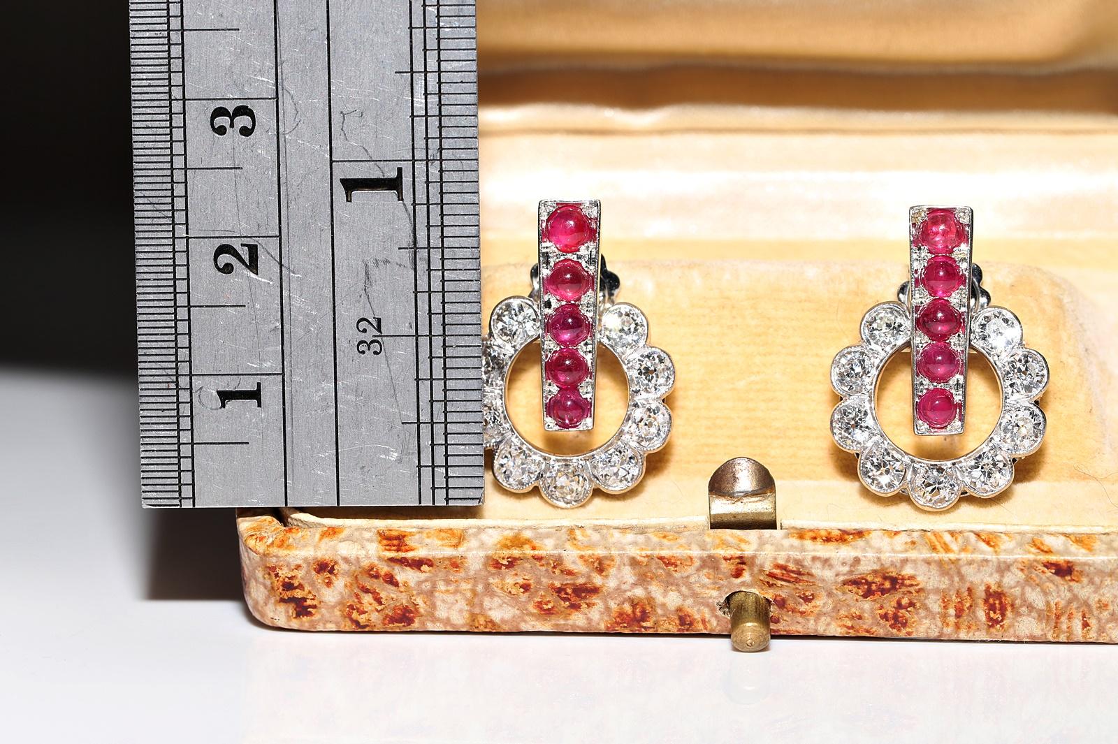 Old Mine Cut Vintage Circa 1980s 18k Gold Natural Diamond And Cabochon Ruby Earring  For Sale