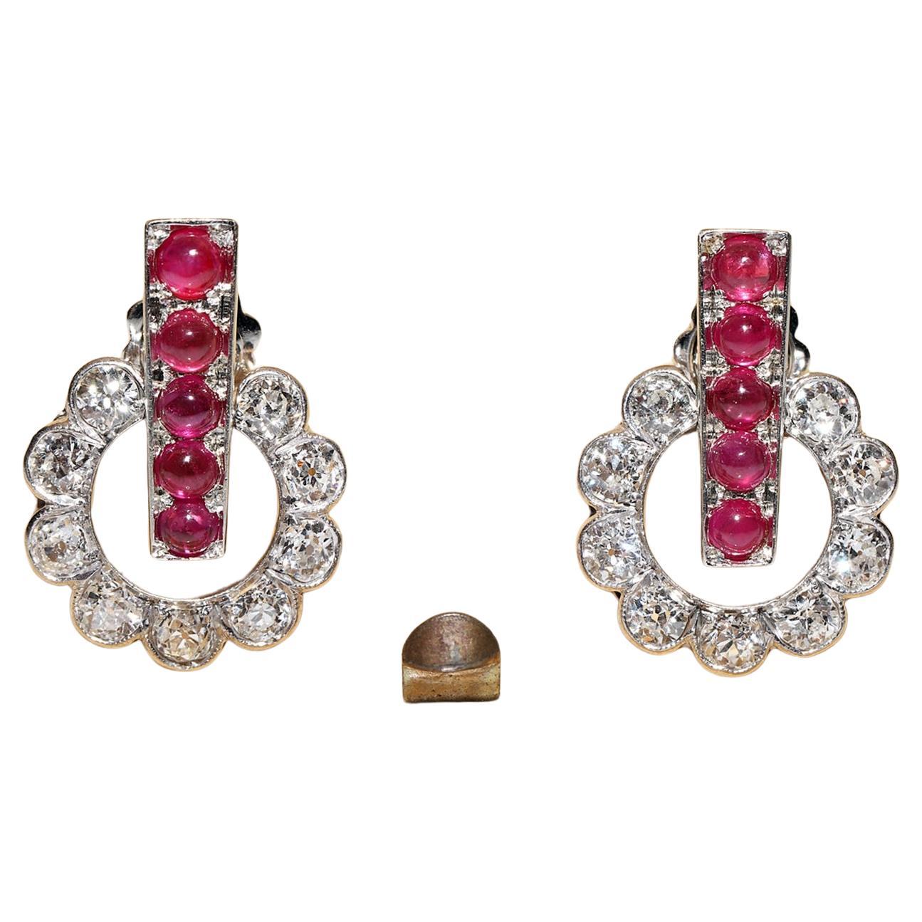 Vintage Circa 1980s 18k Gold Natural Diamond And Cabochon Ruby Earring  For Sale