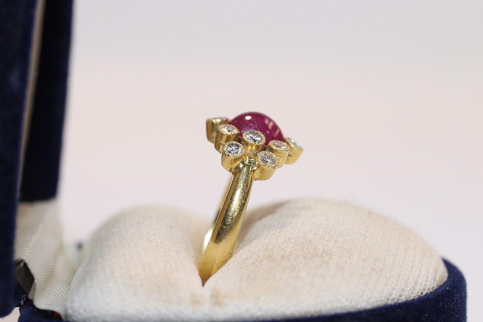 In very good condition.
Total weight is  4.5 grams.
Totally is diamond 0.43 carat.
The diamond is has  G-H color and vvs-vs.
Totally is ruby 1.20 carat.
Ring size is US 6.2 (We offer free resizing)
Box is not included.
We can make any size.
Please