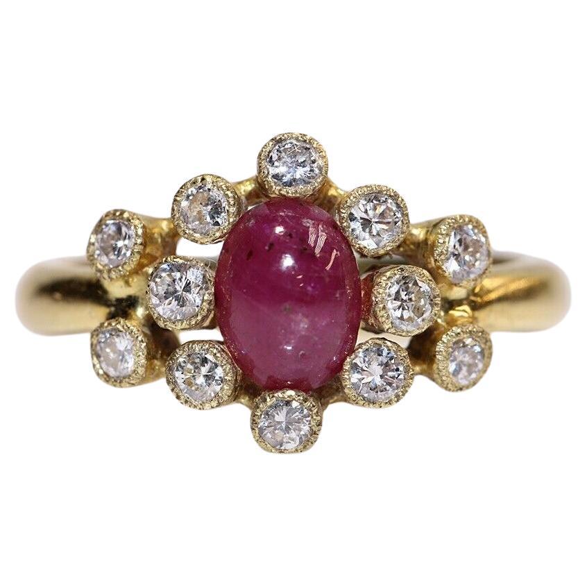 Vintage Circa 1980s 18k Gold Natural Diamond And Cabochon Ruby Ring For Sale