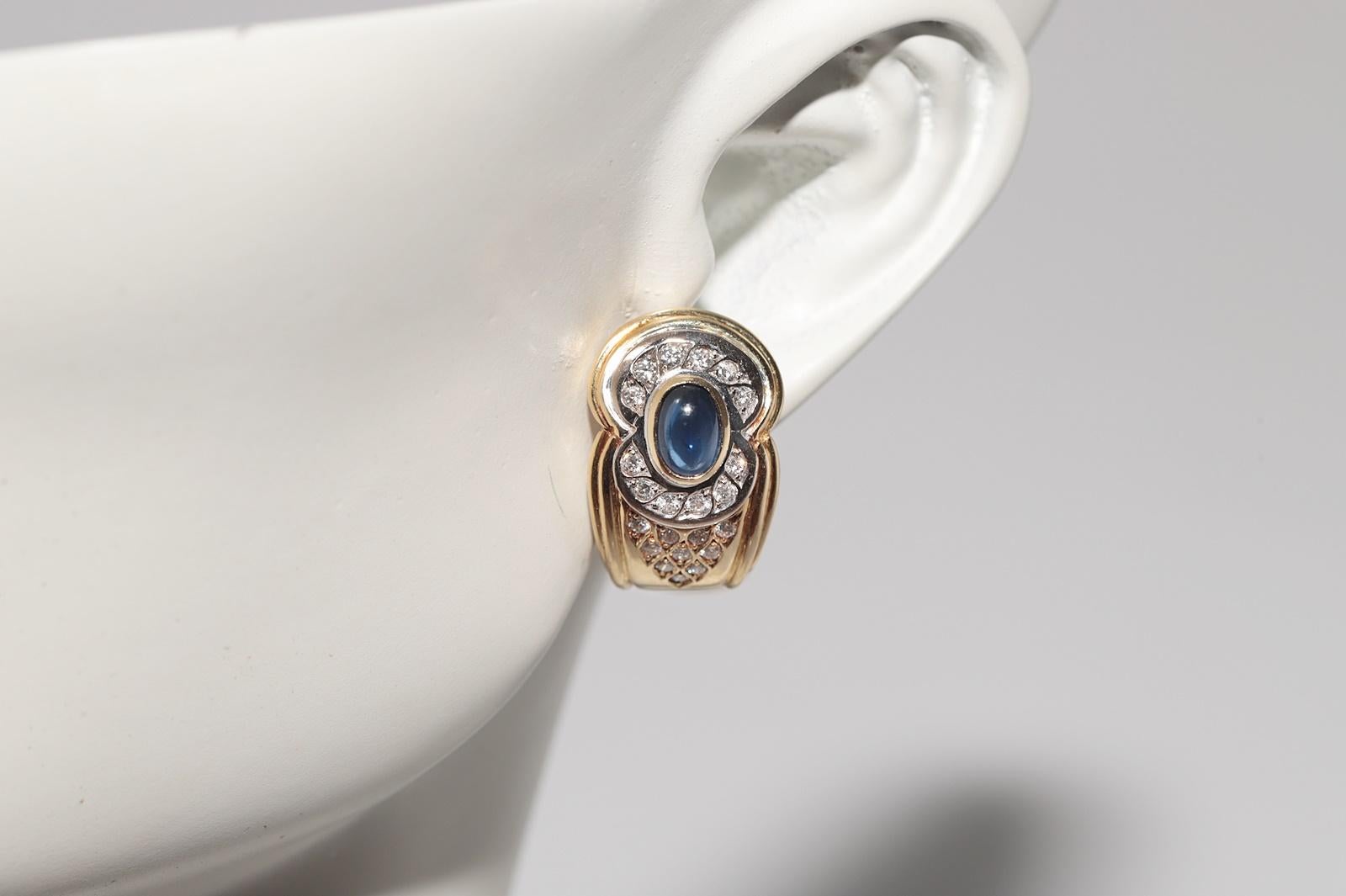 Vintage Circa 1980s 18k Gold Natural Diamond And Cabochon Sapphire Earring For Sale 9