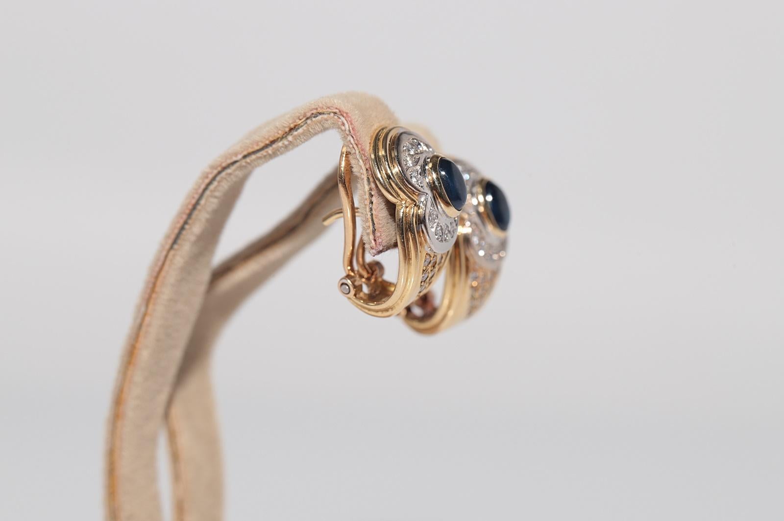 Vintage Circa 1980s 18k Gold Natural Diamond And Cabochon Sapphire Earring For Sale 11