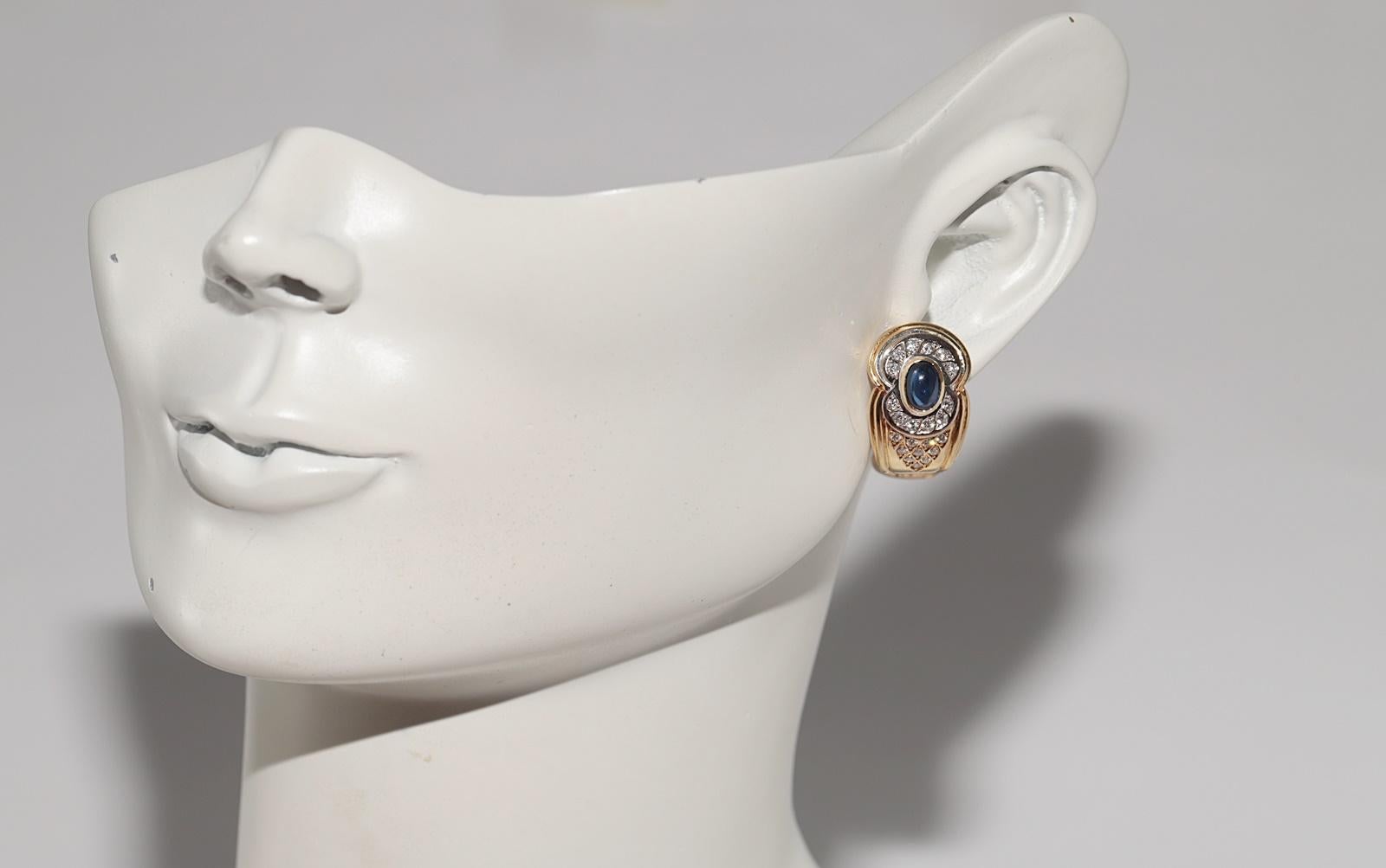 Artisan Vintage Circa 1980s 18k Gold Natural Diamond And Cabochon Sapphire Earring For Sale