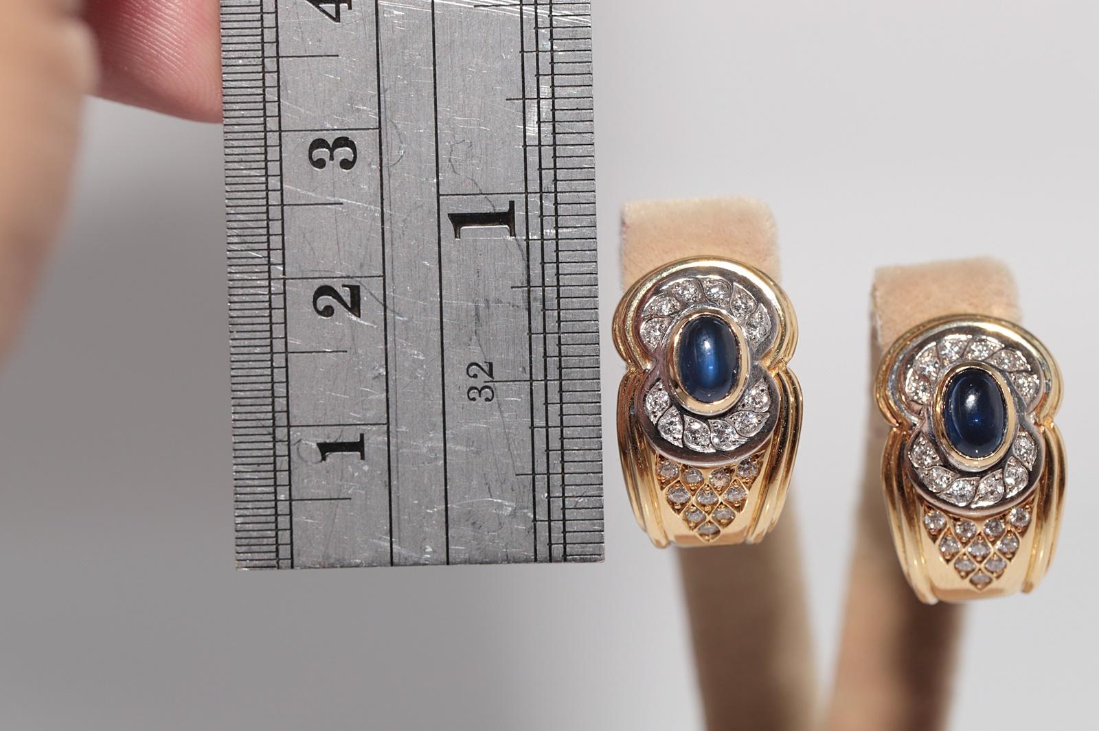 Brilliant Cut Vintage Circa 1980s 18k Gold Natural Diamond And Cabochon Sapphire Earring For Sale