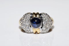 Vintage Circa 1980s 18k Gold Natural Diamond And Cabochon Sapphire Ring